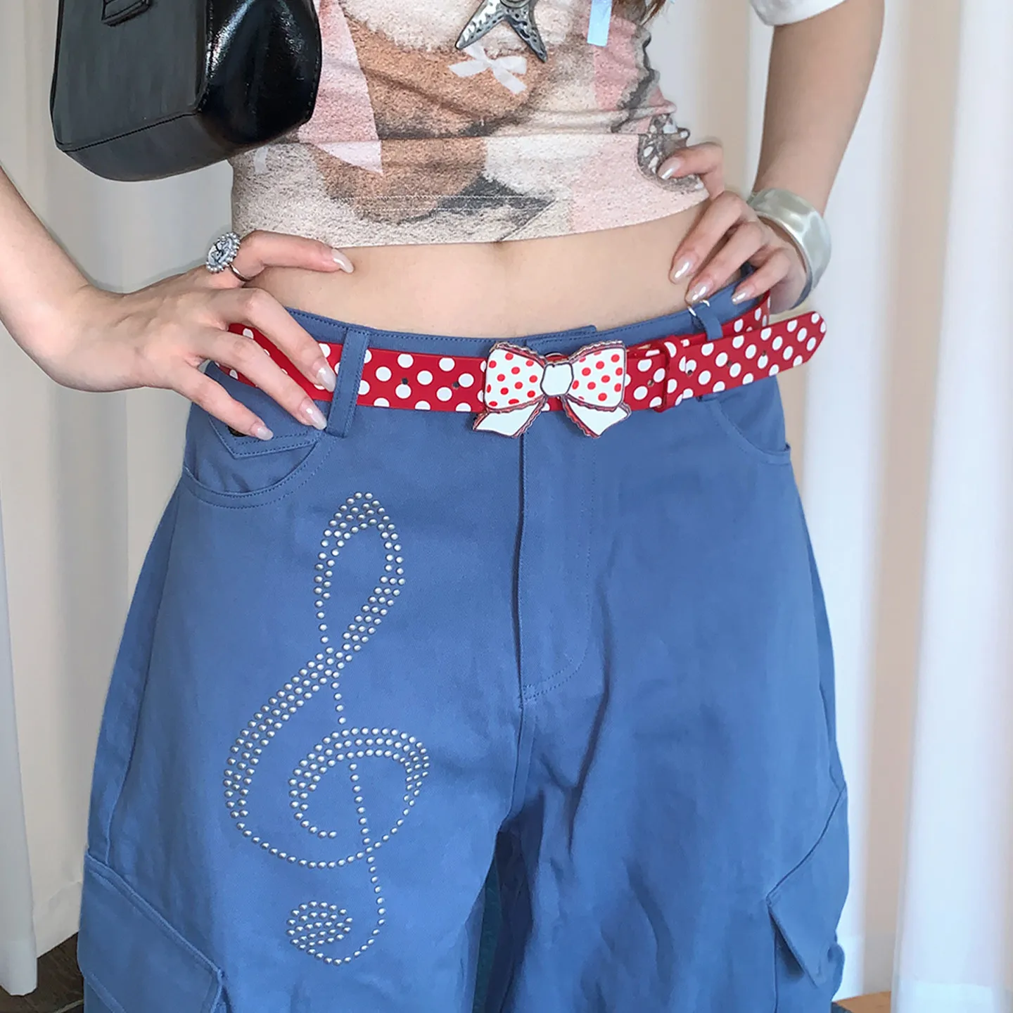 Sweet Cool Style Y2K Bow Wave Point Belt for Women, Dopamine Sweet Metal Buckle Belt with Jeans