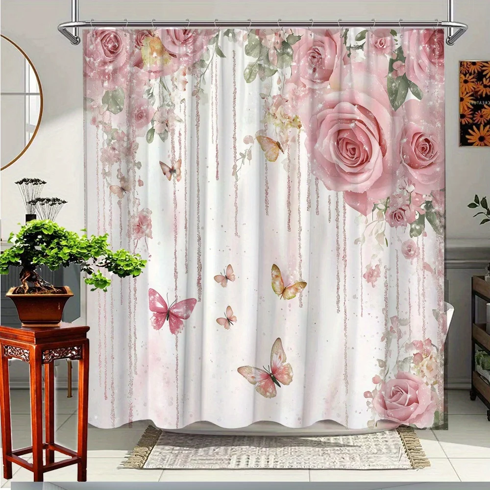 

1pc Floral Rose and Butterfly Shower Curtain, Elegant Pink Roses and Butterflies Print for Bathroom and Patio Decor, Romantic