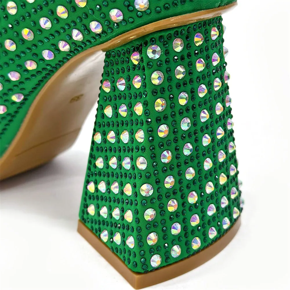 Nigerian Women Heels Party Ladies Italian Design Green Shoes And Bag Set Decorated with Rhinestone Handbag Wedding Party