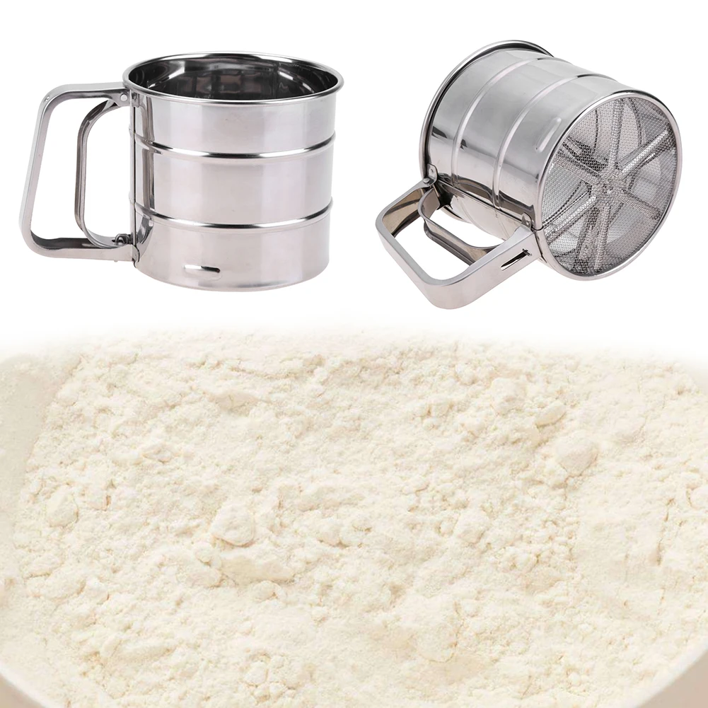 Mesh Round Strainer Steel Shaker Rice Flour Kitchen Baking Handheld Sieve Semi-automatic for Cakes Biscuit Bakeware