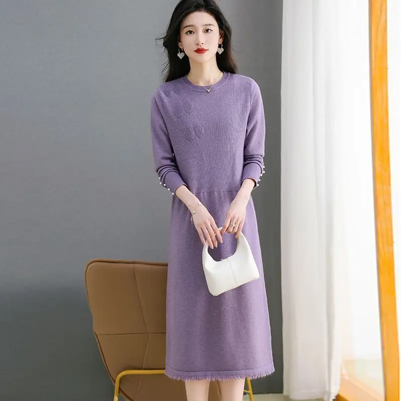 Round Neck Fur Women's Slim and Long Base Knitted Dress Loose Autumn and Winter New Style Dress Over the Knee New Style 2024