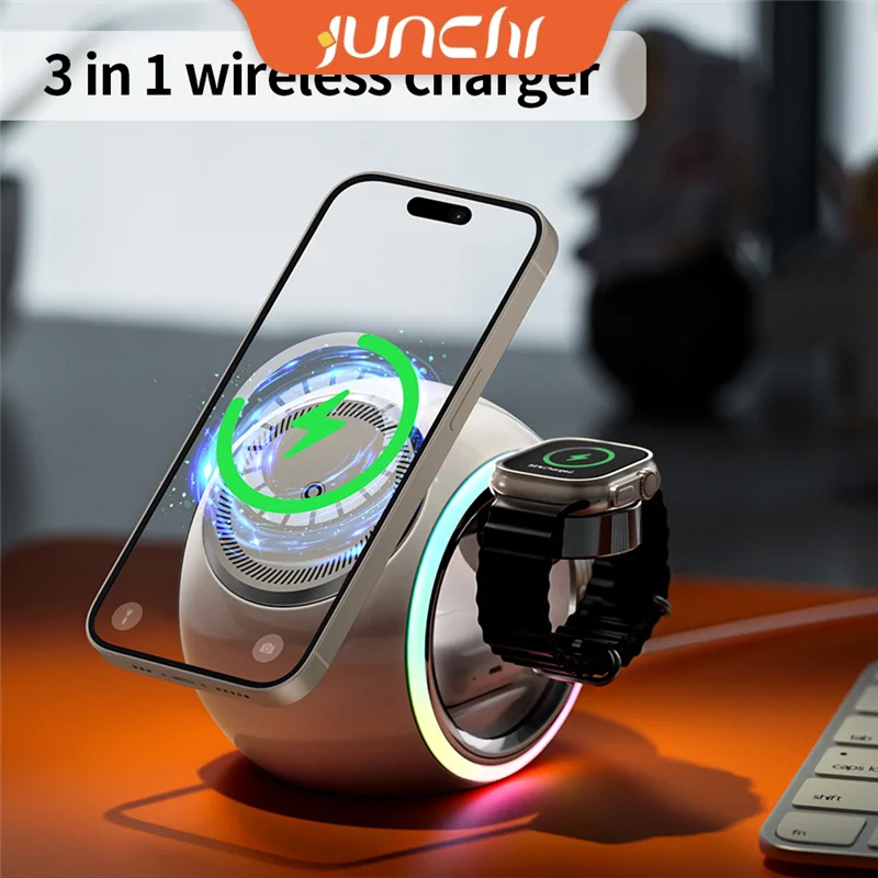 

3 in 1 Wireless Chargers for Apple Watch Ultra S9 S8 iPhone 15 Pro Max 14 13 Airpods Pro 15w Magnetic Charger Stand with Light