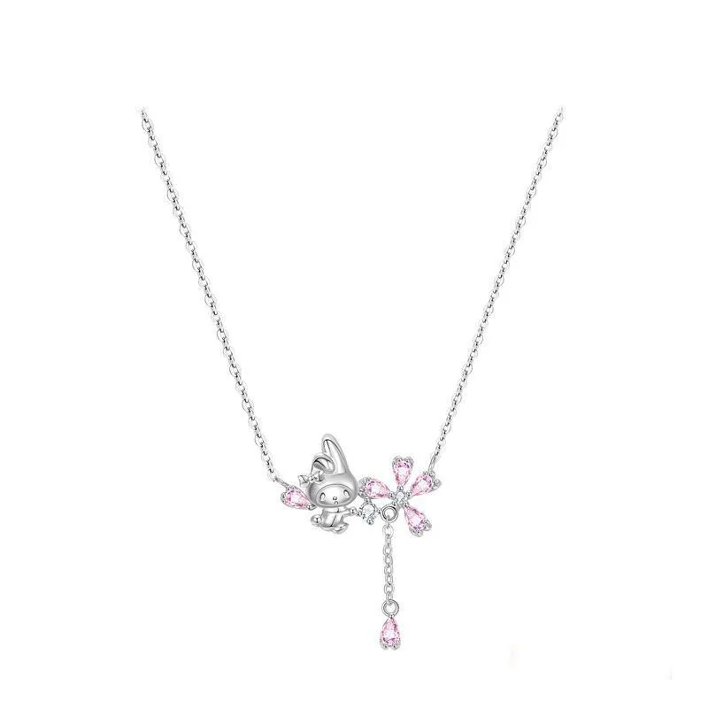 Mininstants Sanurgente My Melody Sakura Collier pour Femme, S925, Incrusté, Zunderes, Romantique, Dessin Animé Polyvalent, Mode Fille, Bijoux Cadeaux