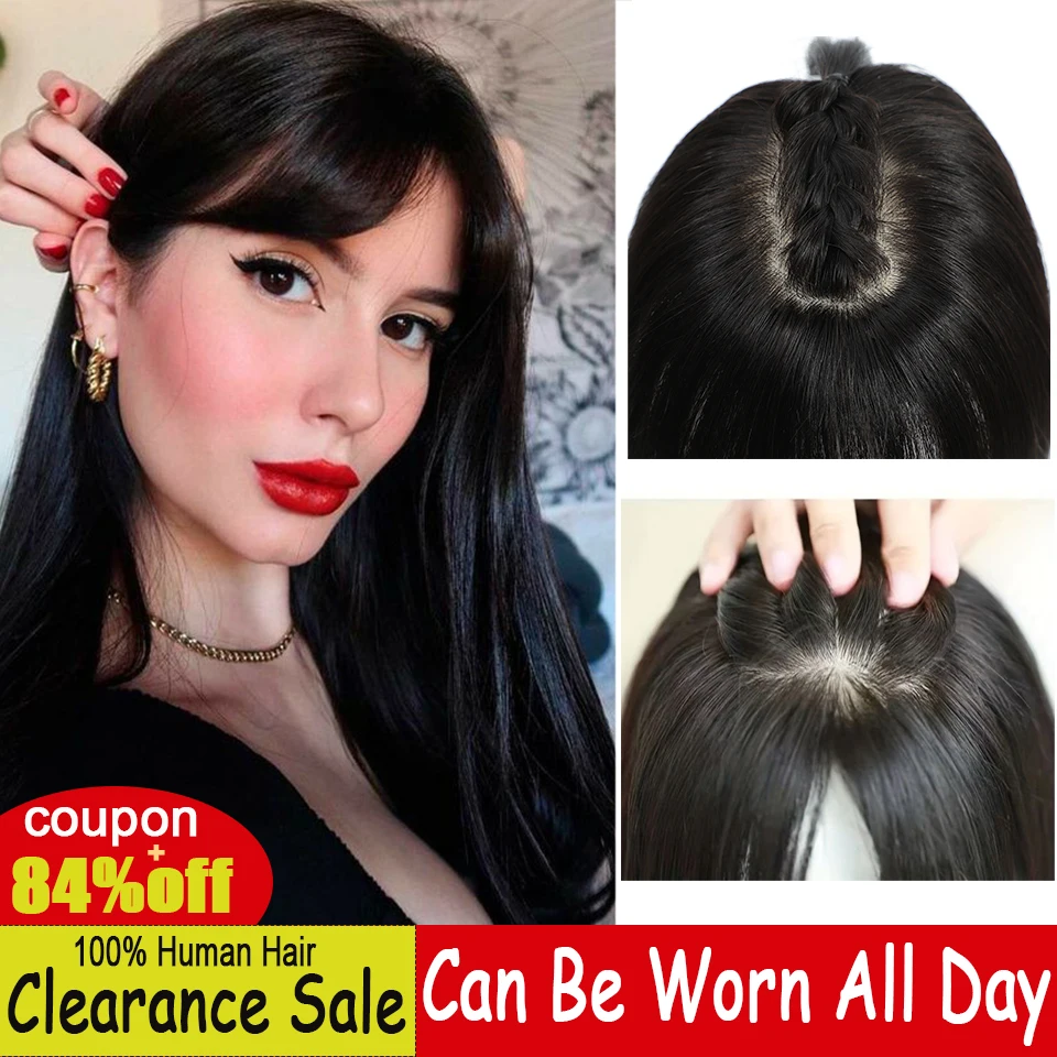 Dazzeal Topper With Bangs Black Brown Hair Clips For Hair Piece Straight Human Hair Topper Natural Scalp Topper Human Hair Women