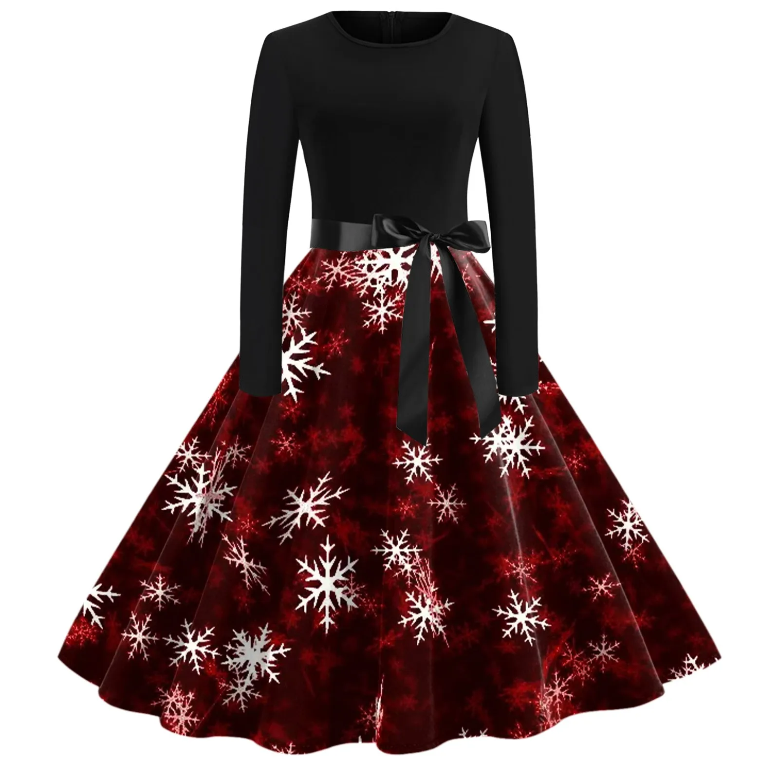 Christmas Women Elegance Party A-Line Dress Long Sleeve O-Neck Slim Swing Dresses With Bow Belt Snowflake Patchwork Slim Vestido