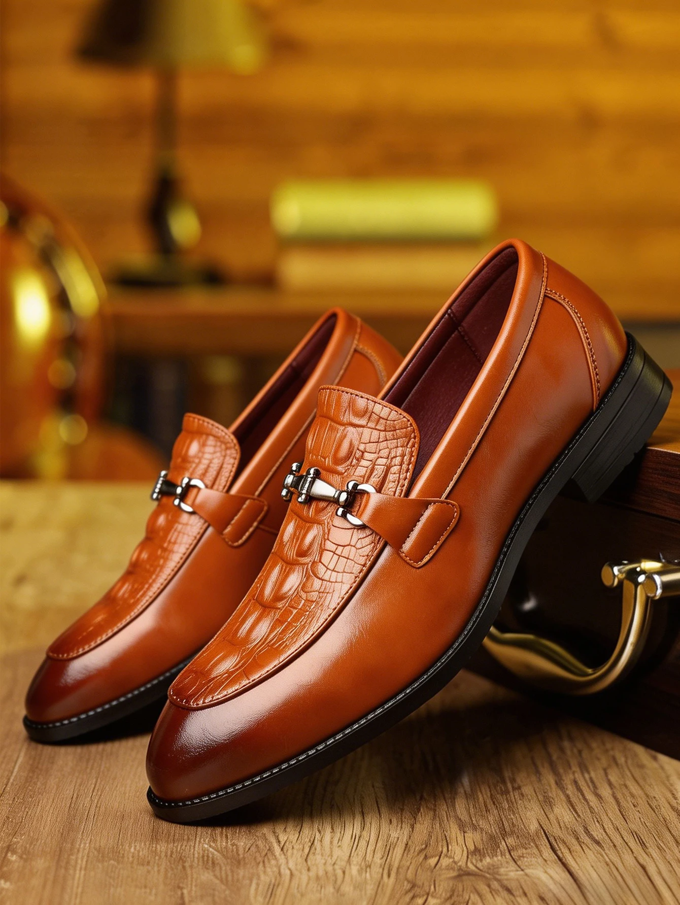 

Men's Slip-On Loafers, Crocodile Grain Leather Dress Shoes, Buckle Design Casual Flats for Business Office Wedding Party