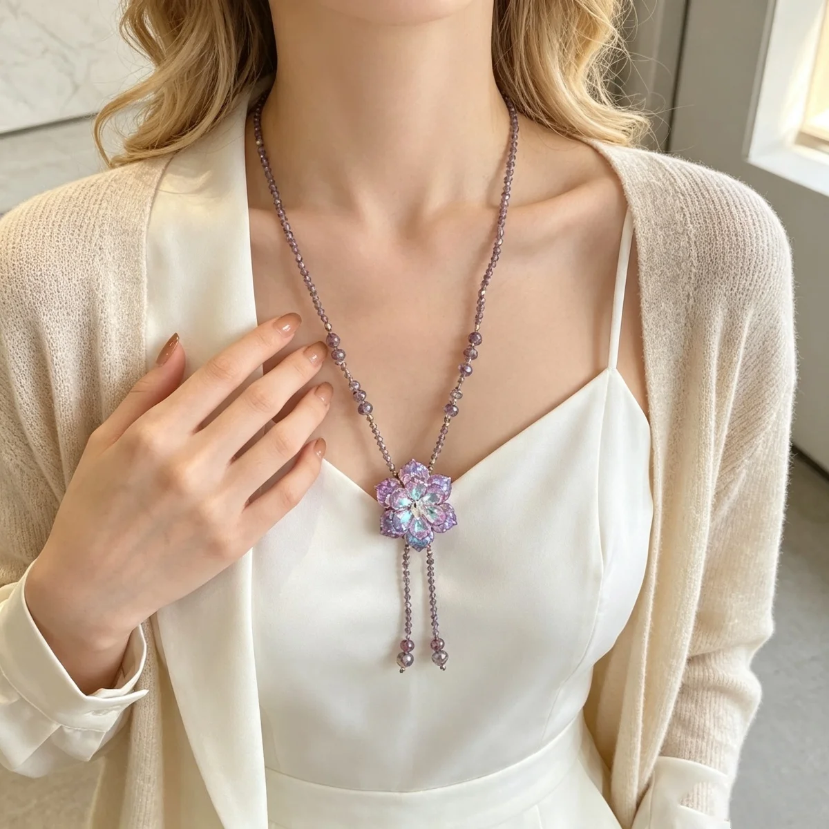 Glänzende lila Kristallblumen-Pulloverkette für Damen und Herren, Vintage-Halskette mit Kordelzug, Perlen, Y-förmiger Quasten-Blumen-Choker-Schmuck – Detail 10