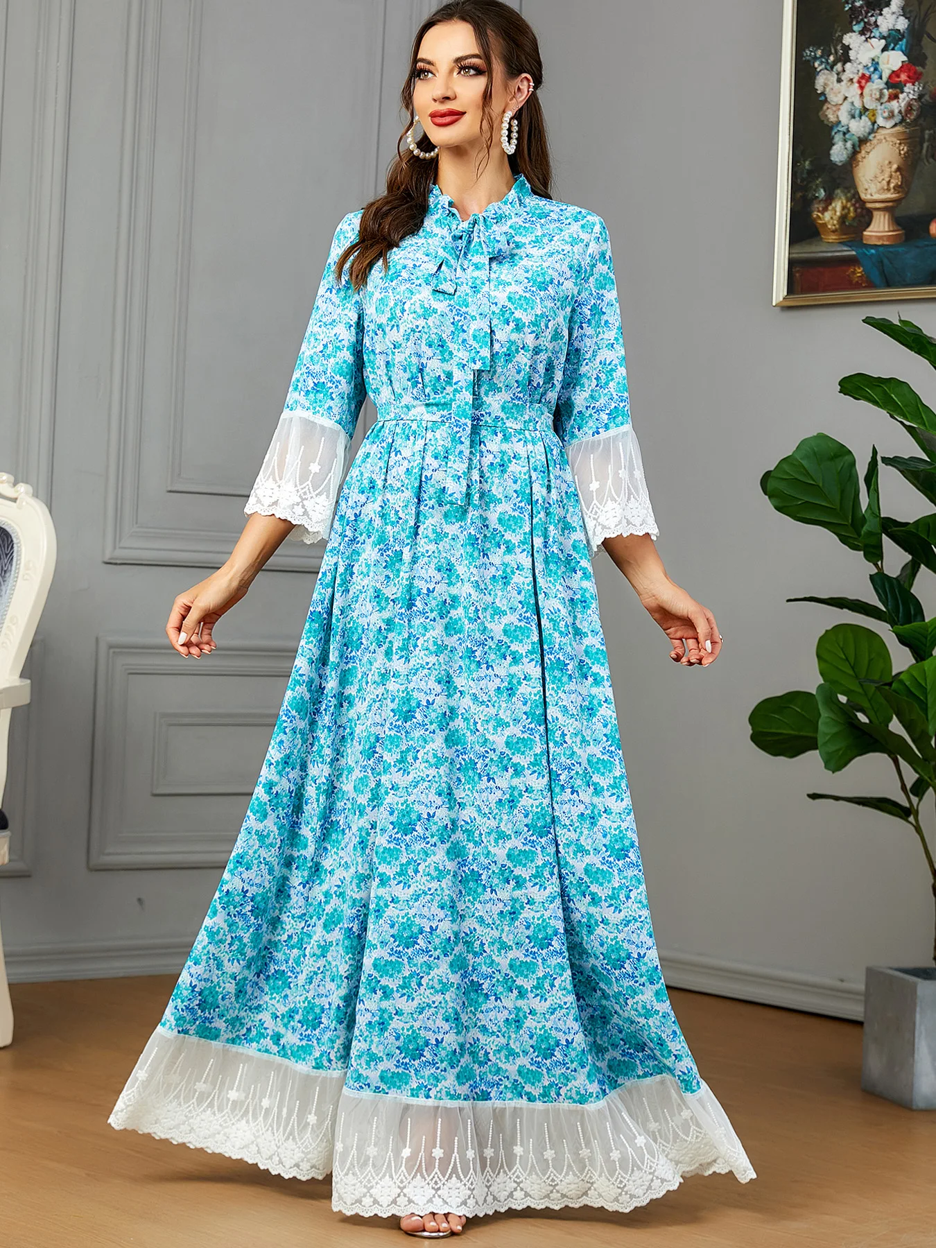 

Summer Lace Muslim Casual Dress for Women Jalabiya Abaya Eid Floral Print Ramadan Lace-up Shirt Dresses Arab Dubai Robe 2023