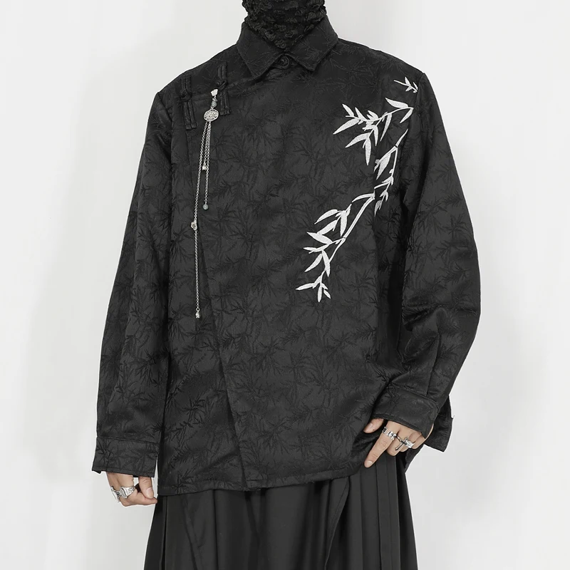 Spring and Autumn New Chinese Style Button Up Shirt, Small and Popular Tang Dynasty Bamboo Embroidered Loose Long sleeved Shirt