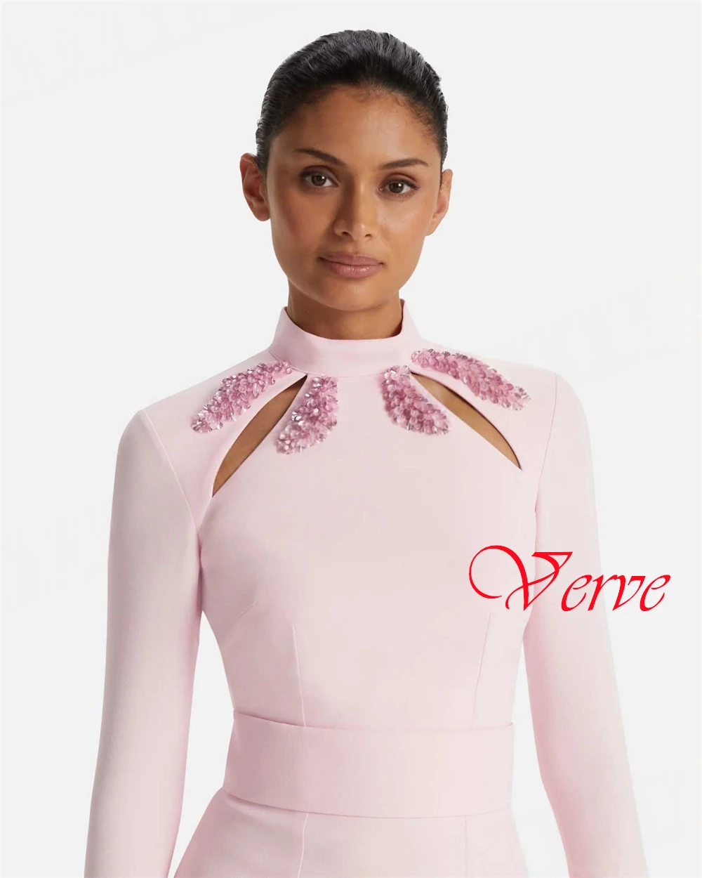 

Customized Pink Jersey Evening Dress Exquisite O-Neck Long Sleeves Prom Dress Luxury Chapel Train Zipper Back Party Dress