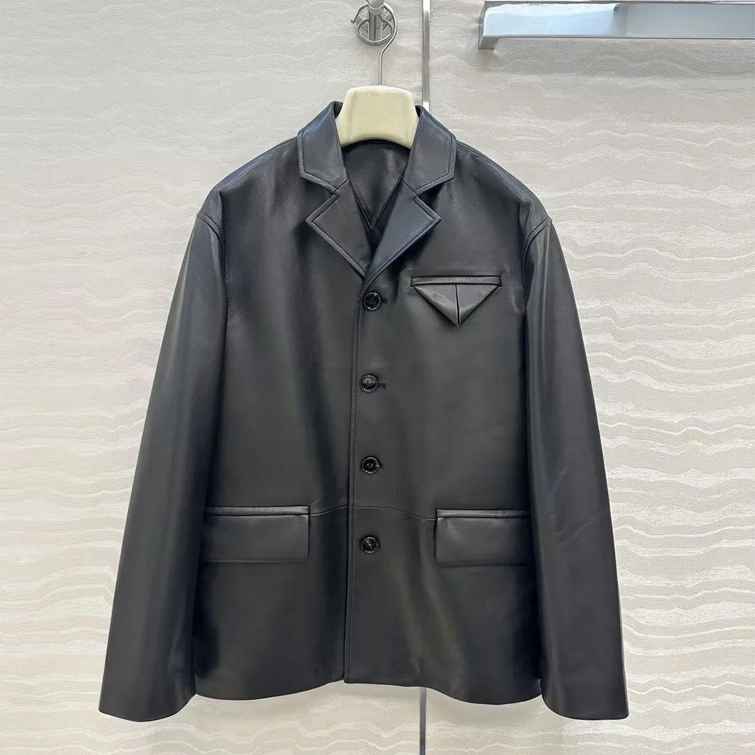 Top Quality 100% Sheepskin Suit Jacket Women Notched Long Sleeve Four Buttons Black Cool Genuine Leather Unisex Style Retro Coat