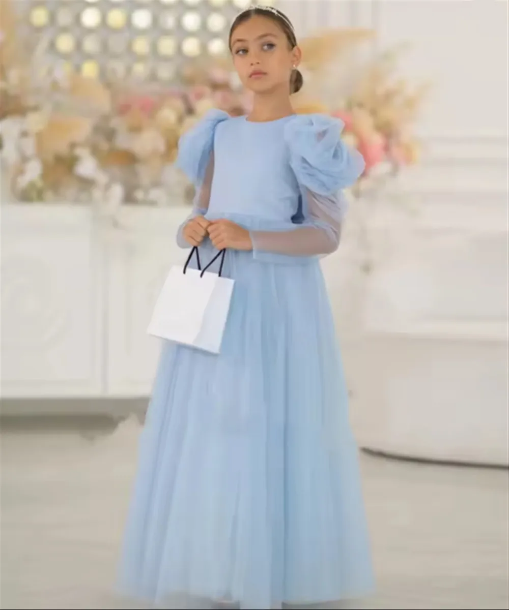 

Elegant Flower Girl Wedding Dress Long Puffy Sleeves with Bow Princess Birthday Party Formal Pageant Prom Dress Customized