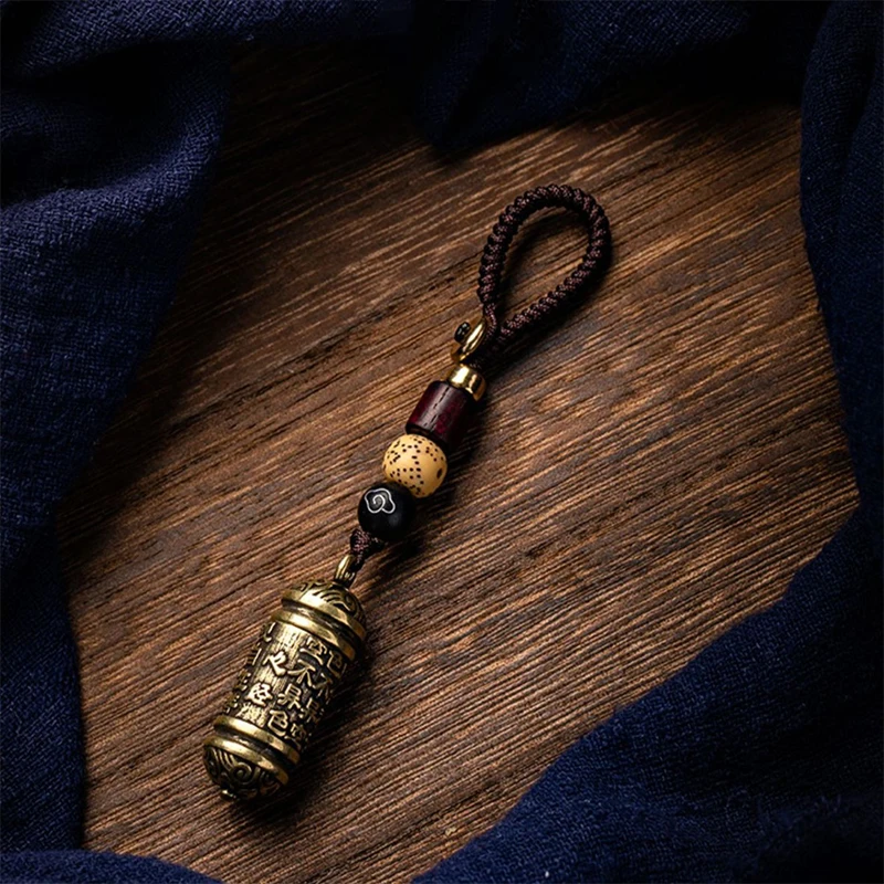 Vintage Hohl-Messing Flaschen-Sutra-Zylinder-Anhänger Auto-Schlüsselanhänger Glücksbringer Leder-Taschenband Schlüsselring – Detail 4