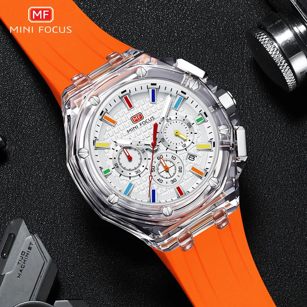 MINI FOCUS Men's Sports Quartz Watches with Orange Silicone Strap Chronograph Fashion Waterproof Luminous Wristwatch with Calend