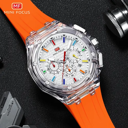 MINI FOCUS Relojes deportivos de cuarzo para hombre con correa de silicona naranja Cronógrafo Reloj de pulsera luminoso resistente al agua con calendario