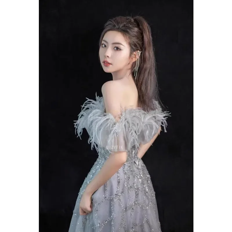 فساتين سهرة نسائية مكشوفة الكتفين ريش باتو مطرز للحفلات مناسبة رسمية طويلة فستان تول أنيق لحفلات الزفاف