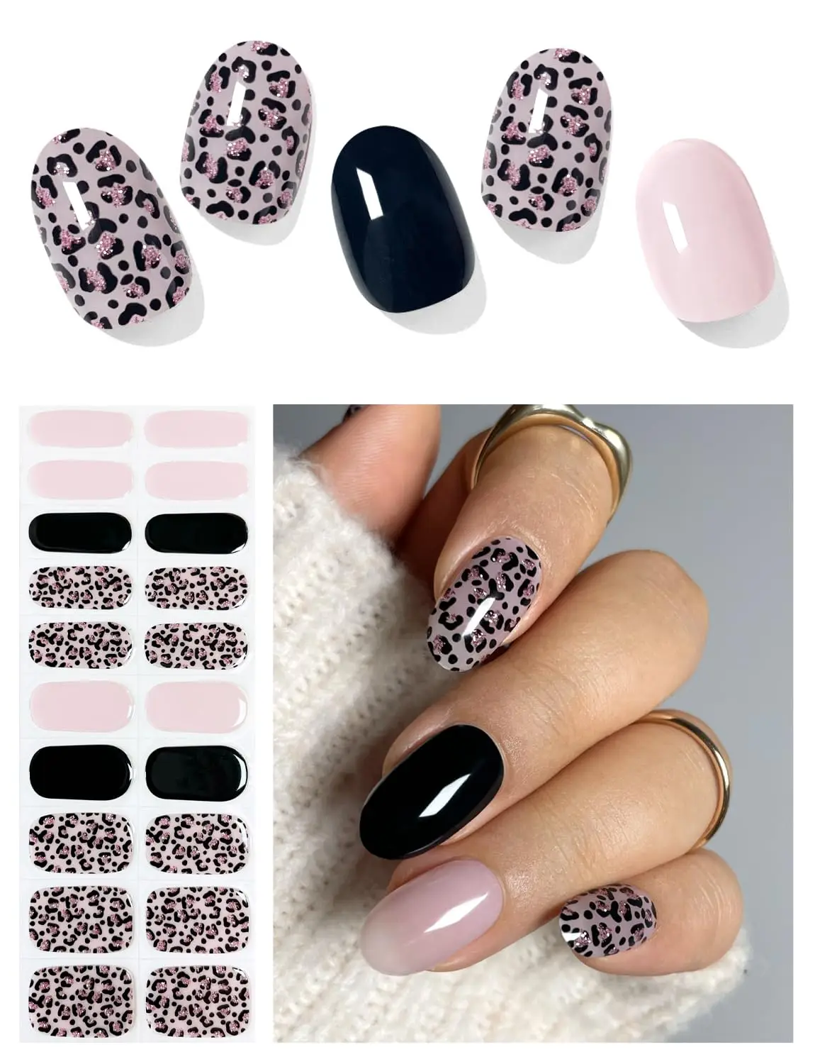 

Semi Cured Gel Nail Strips, 20 Pcs Pink Leopard Nail Wraps, Long Lasting, Works with UV Lamp