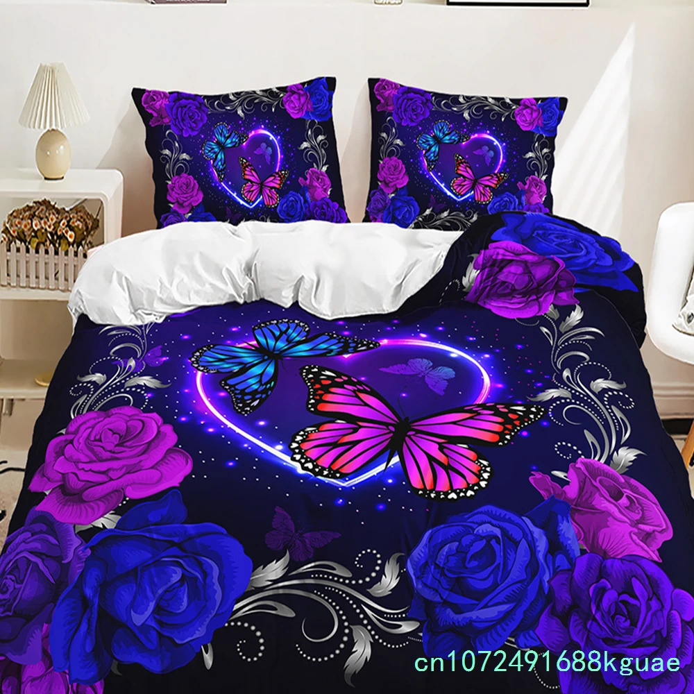 Purple Butterfly Rose Bedding Sets Fashion Duvet Cover Sets Twin Full Queen King Size Pillowcase For Kids Adult Gift Bed Linen 3