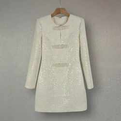 Women Round Neck Bow Long Sleeve White Sequined Tweed Dress French Small Fragrance High Quality Party Luxury Lady Short Dress