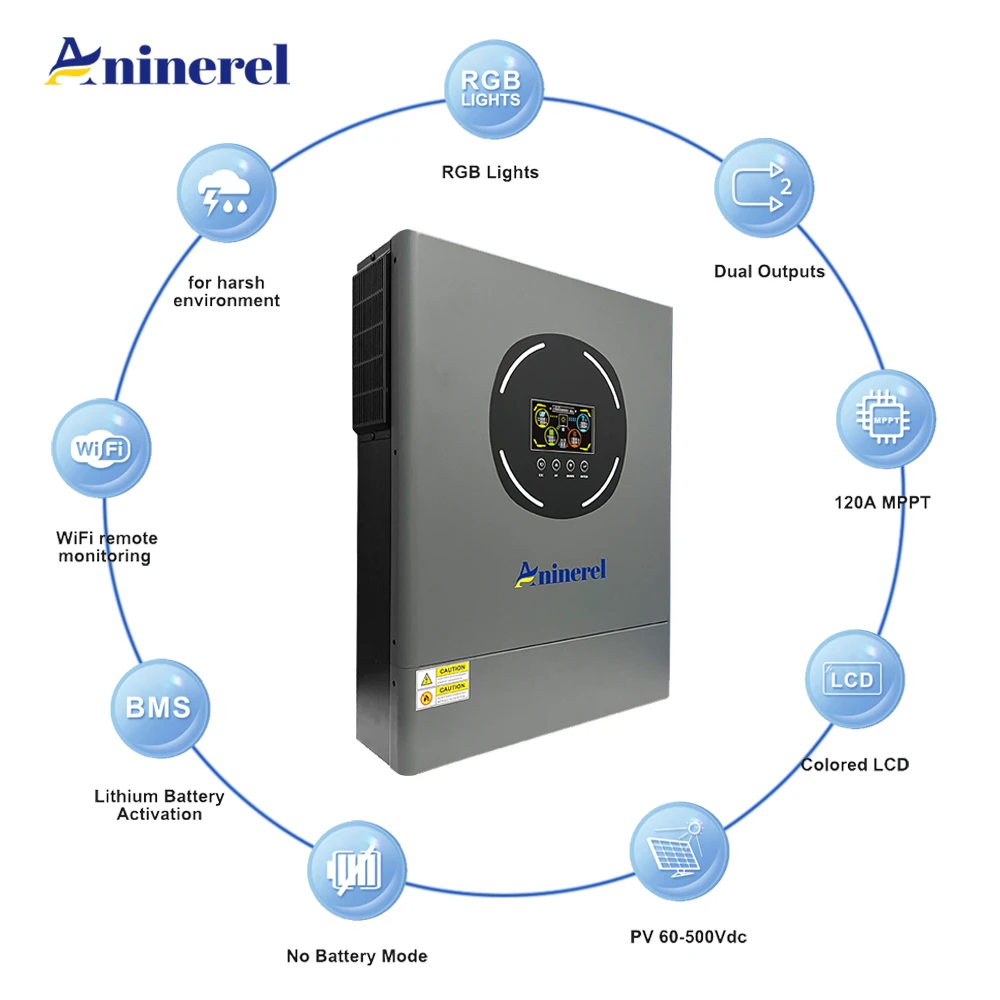 Aninerel 11KW Solar Inverter 48V 160A 220VAC Off-Grid+On-Grid Hybrid Home Inverter Pure Sine Wave Dual Outputs Built-in Dual MPPT Charge Controller With WIFI US In Stock view 5