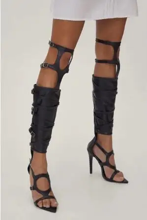 Summer Black Leather Gladiator Belt Buckle Hollow Cuts Out Thigh Boots Women Sexy Pointed Open Toe High Heel Over The Knee Boots