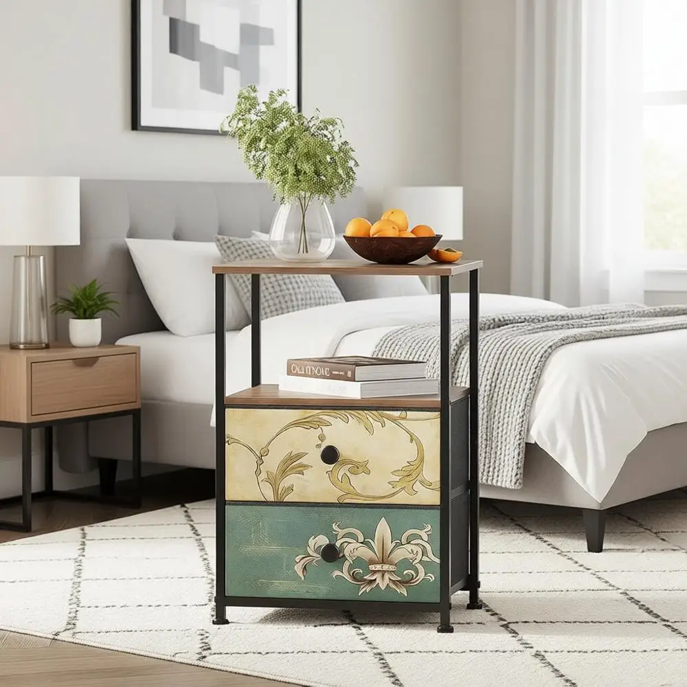 

Прикроватная тумба в винтажном стиле с тканевыми ящиками и открытой полкой для спальни или гостиной