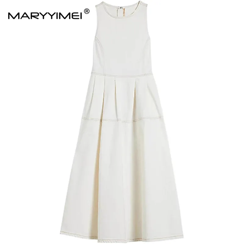 MARYYIMEI-Robe en pur coton denim blanc pour femme, tenue élégante de styliste, collection été