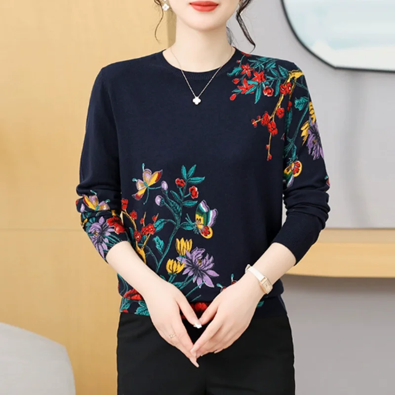 

Sweaters and Sweaters Women O neck Long sleeve Keep warm Pullover 2025 Autumn Winter New fashion flower pattern Printed sweater