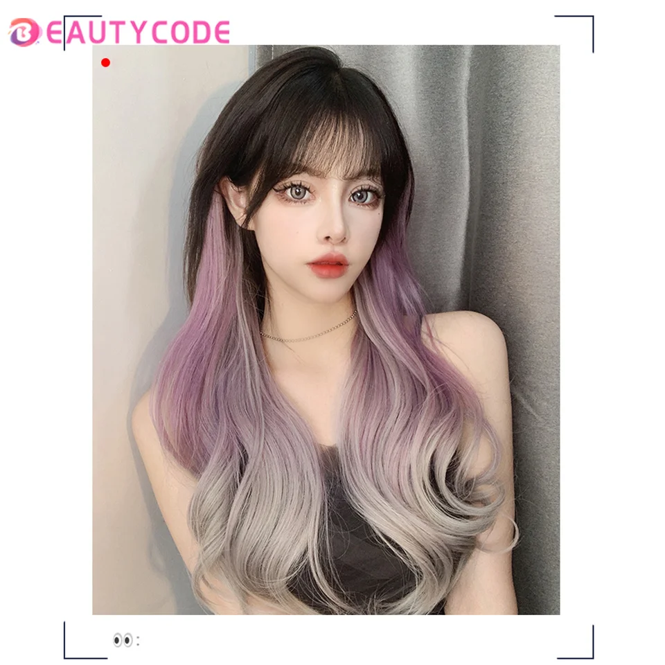 BEAUTYCODE Synthetic Clips In Hair Long Wave Clip In Hair Extension Synthetic Wig Hair Extensions Ombre Purple Hairpieces