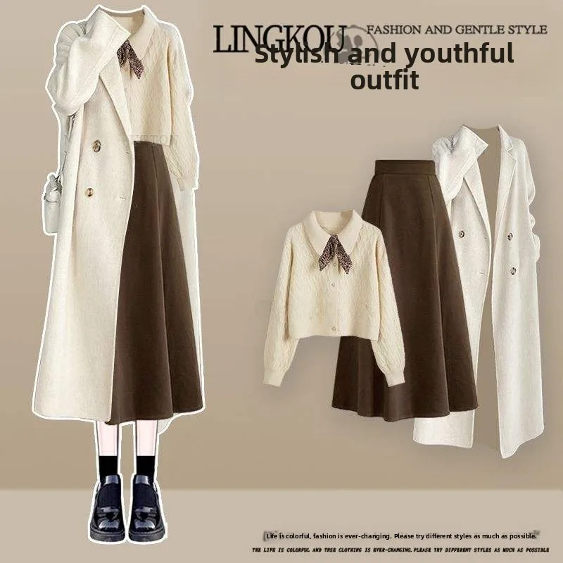 

Комплект для женщин больших размеров: профессиональный костюм с имитацией юбки-обертки, стройнящий трикотажный свитер и юбка с высокой талией, скрывающая недостатки фигуры