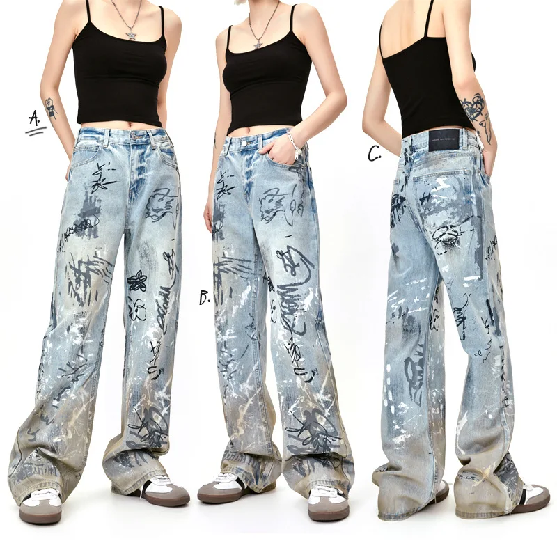 

MADE EXTREME Graffiti Retro Washed Old Printed Wasteland Jeans Distressed Dirty Denim