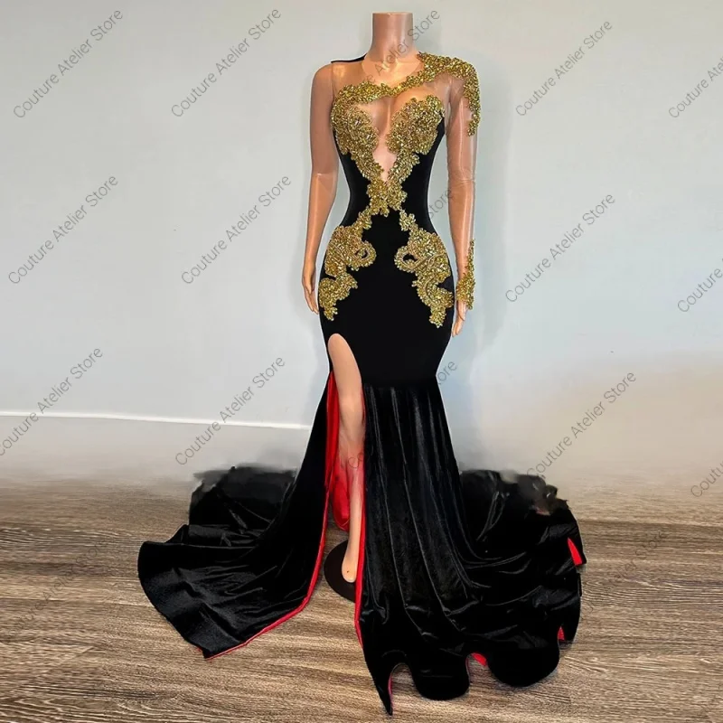 Abiti da ballo neri Ragazze africane Applique di cristallo Sirena Abito per party di matrimonio Abiti da sera con spacco sexy Lussuosi personalizzati