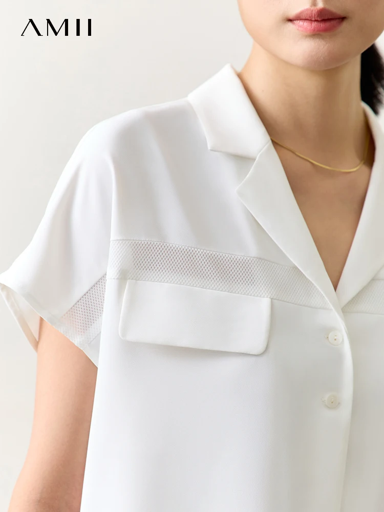 AMII Minimalism 2023 Summer Notched Collar Mesh Loose Chiffon Shirts & Blouses Office Lady Casual Shirt Female Clothing 12342478