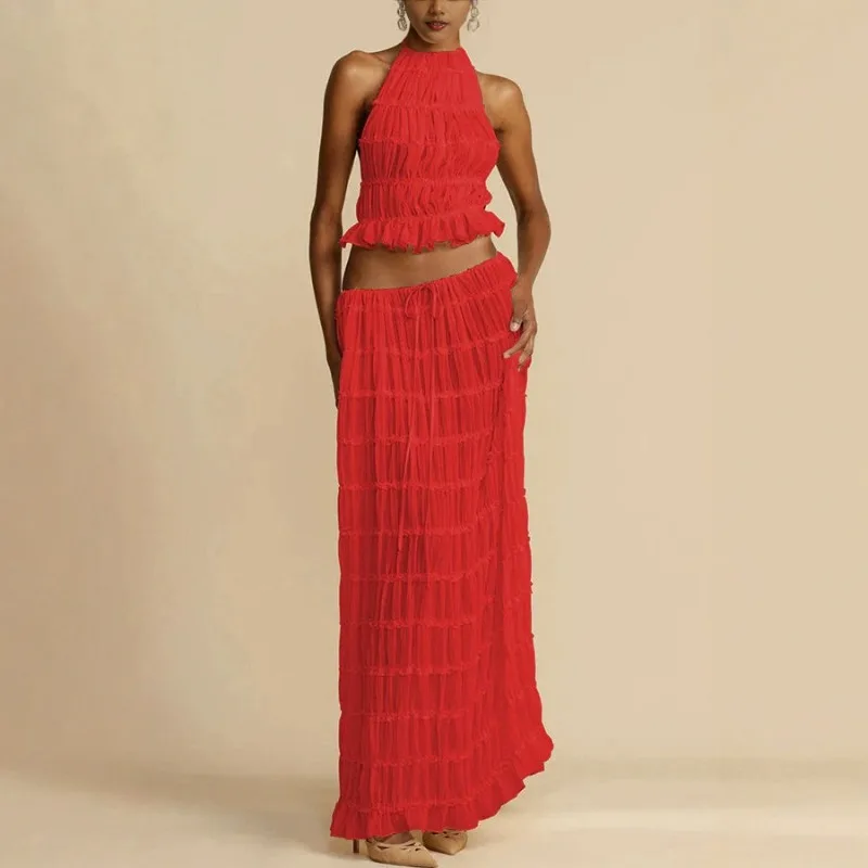 女性用ボヘミアンセクシーバックレスマッチングスーツ2ピースビーチホリデーコーデヴィンテージ風ギャザーホルターキャミトップス+マキシロングスカートパーティー