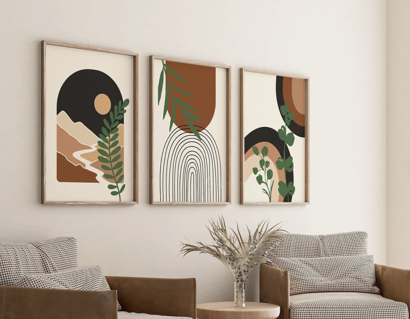 3Pcs Boho Abstract Mountain Canvas Prints, Neutral Geometric Posters, Earth Tone Pictures Living Room Bedroom Decor