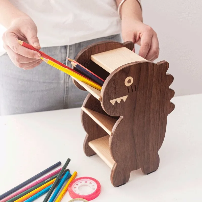 

Classic Black Walnut Dinosaur Desktop Storage Box, Wooden Office Stationery Organizer Pen Holder, Creative Decorative Gift