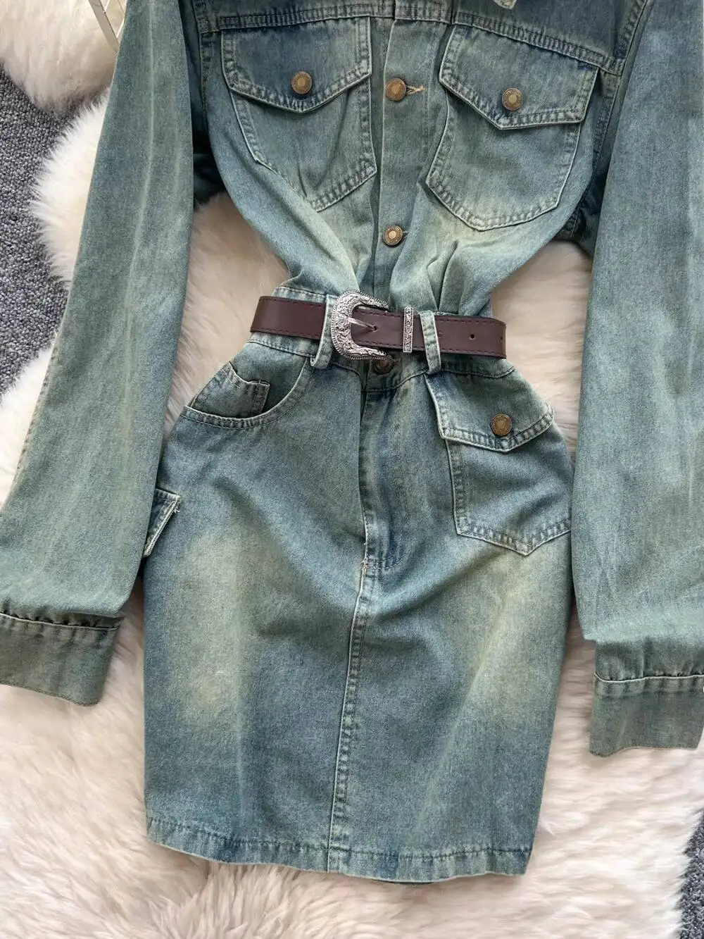 Trendy Hip Hop Minority Vintage Long Sleeve Vestidos Slim Waist Denim Belt Short Bodtcon Mujer Elegant Moda Casual Dress