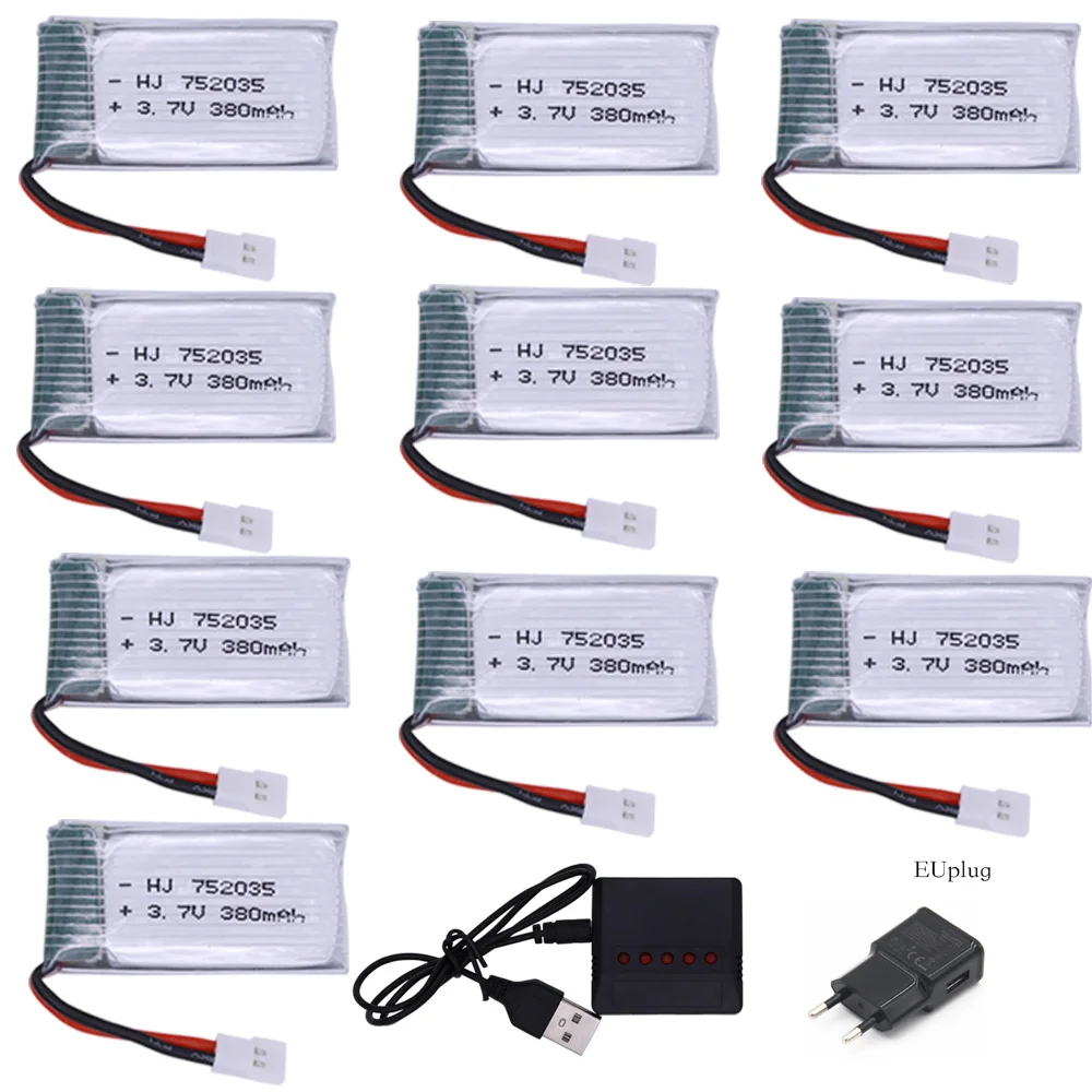 3.7V 380mAh Lipo Battery and usb Charger For Hubsan X4 H107 H107L H107D JD385 JD388 RC Aircraft Multi-Rotors 1s Battery 752035