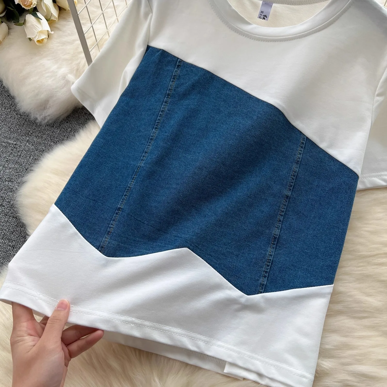 Pant Set Women Two Piece Sets Matching Sets Short Sleeve Denim Splice Tops Wide Leg Long Pants Elastic Waist Y2k Casual 2025