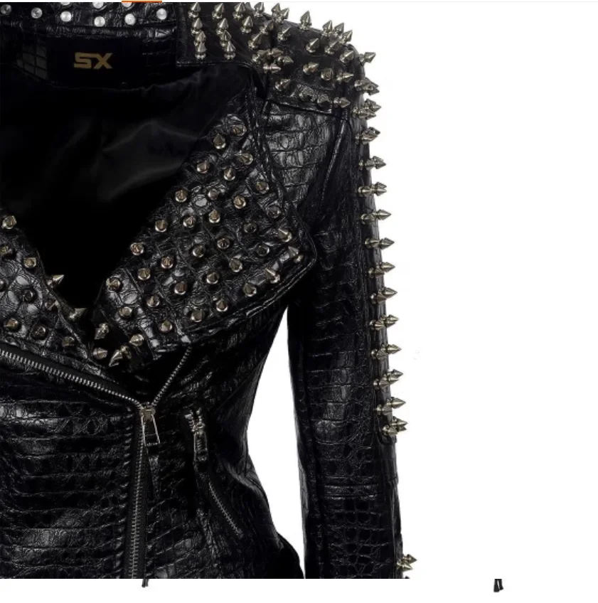 Autumn and winter rivet lychee PU leather jacket for women, punk rock style short jacket