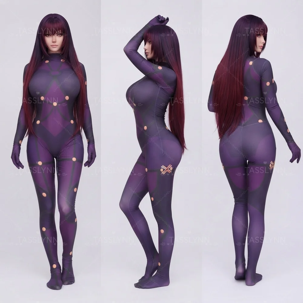 Scathach Cosplay Zentai Bodysuit Purple Black Dot Strap Full Jumpsuit Anime Halloween Costume Women Anime Scathach Cos Outfit, view 3