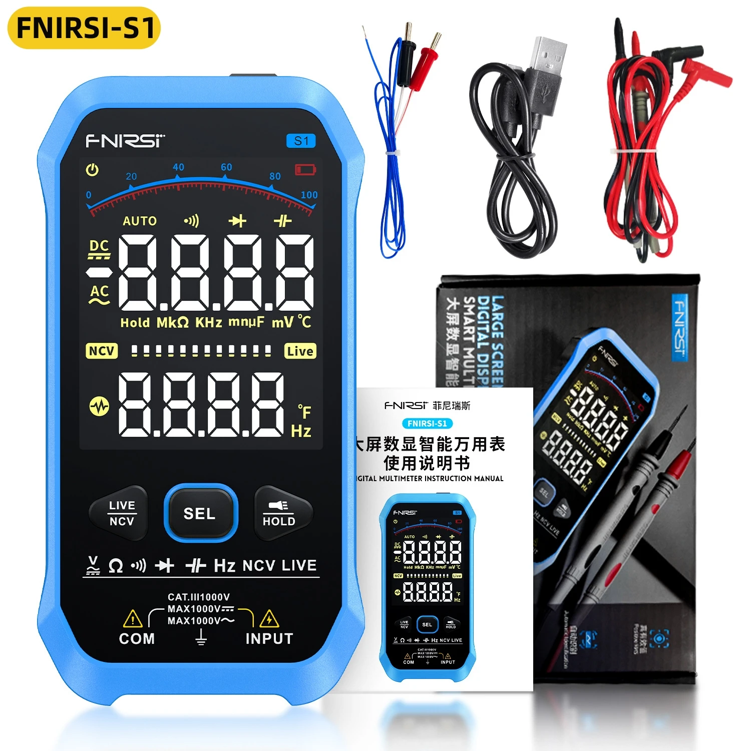 FNIRSI S1 Smart Digital Multimeter 9999counts AC DC Voltage Resistance Capacitance Diode NCV Hz Live Wire Color Display Tester