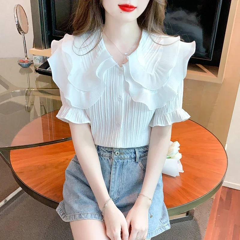 

Summer Short Sleeve Doll Collar Women Shirt Casual White Chiffon Shirt Blouse Women Tops Blusas Mujer De Moda 2024 Verano G552