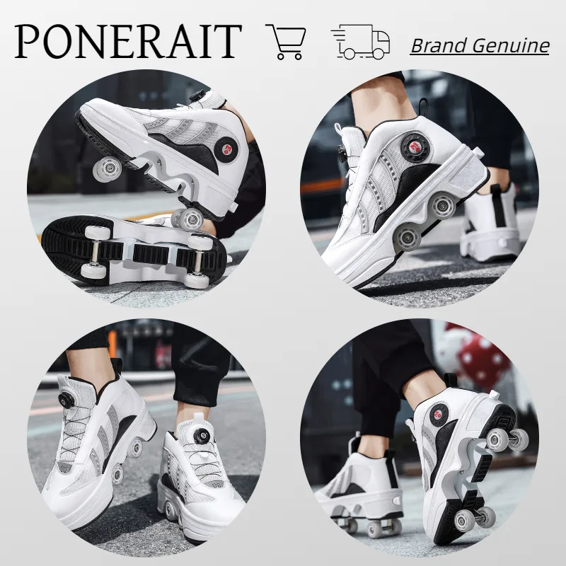 PONERAIT Double-Row Retractable Four wheels Roller Skate Shoe Outdoor Casual Fashion Sneaker Adult Children Walk Shoe