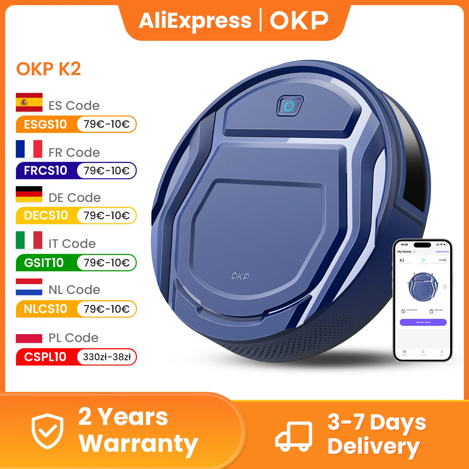 Aspirapolvere robot OKP K2 Aspirazione 2000 Pa, controllo assistente APP/Google, ideale per peli di animali domestici, moquette e pavimenti duri