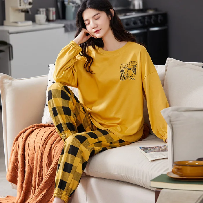 2022 Spring and Autumn Cotton Pajamas Women\'s Long-sleeve Cute Plus Size Thin Two-piece Suit Women\'s Home Animation Nightwear