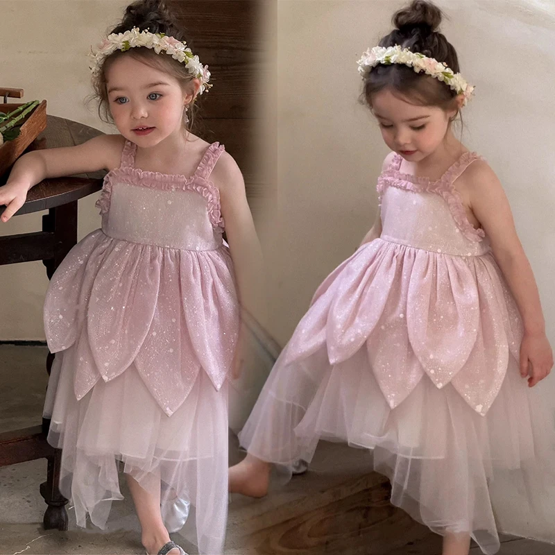 Halloween Tinker Bell Cosplay Costume Fancy Girls Pink Purple Elf Dress Up Flower Performance Ballet Tutu Dress Fairy Wings