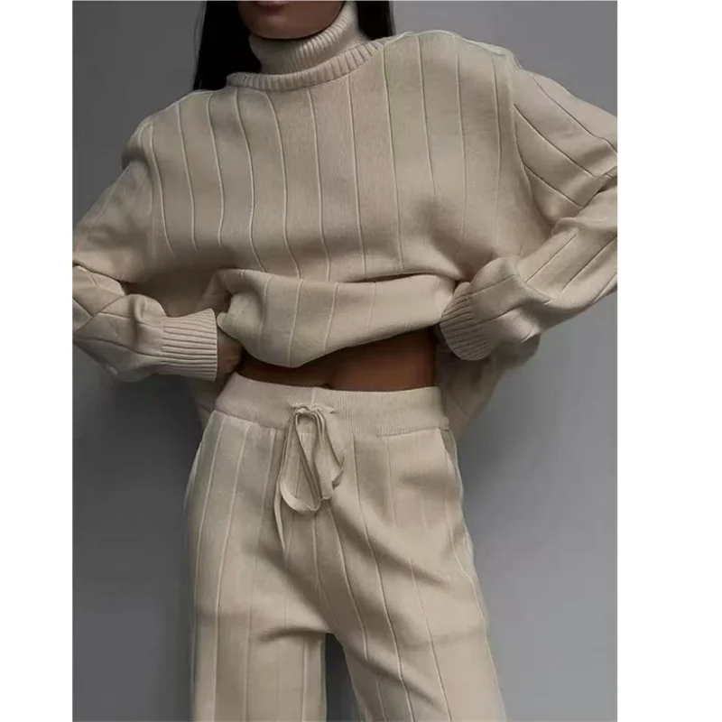 REALEFT 2025 Autumn Winter 2 Pieces Women's Sets Knitted Tracksuit Turtleneck Sweater and Straight Jogging Pant Suits Outfits