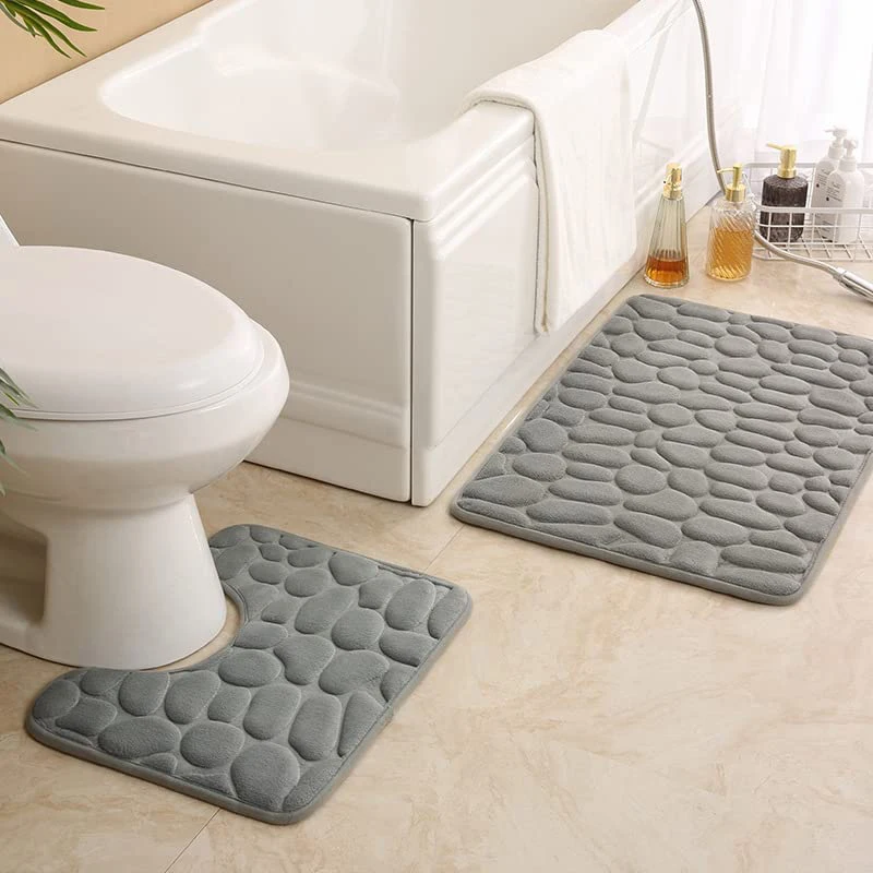 2PCS Bathroom Bath Mat Set Cobblestone Embossed Anti Slip Rug Water Absorbing Foot Mat Non-slip Carpet In Bathtub Floor