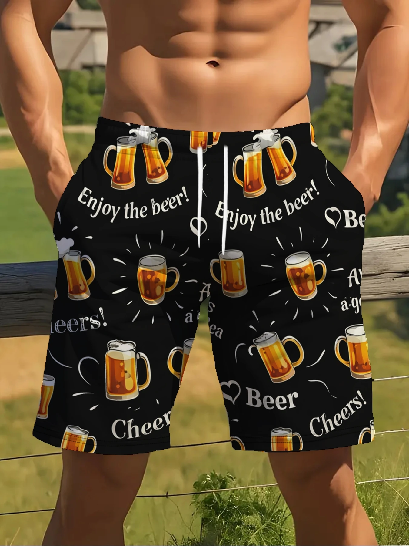 Men's Casual Geometric Print Shorts, Stretch Fabric, Comfortable for Summer Outdoor Wear, Trendy Design